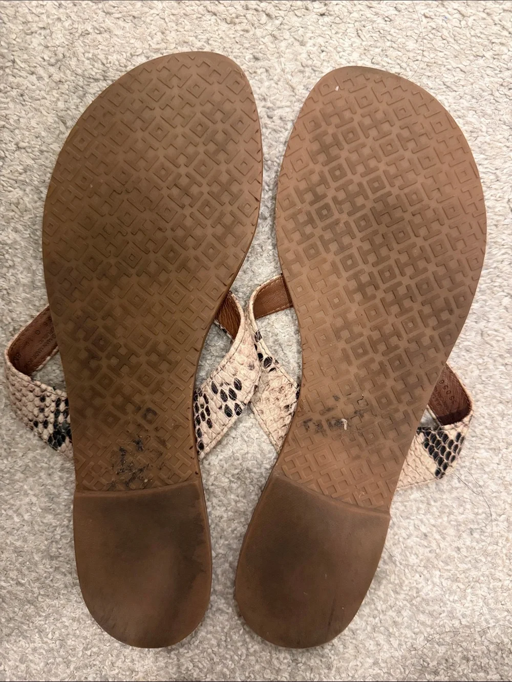 Tory Burch Brown Snake-Print Leather Flip Flops with Gold Accent